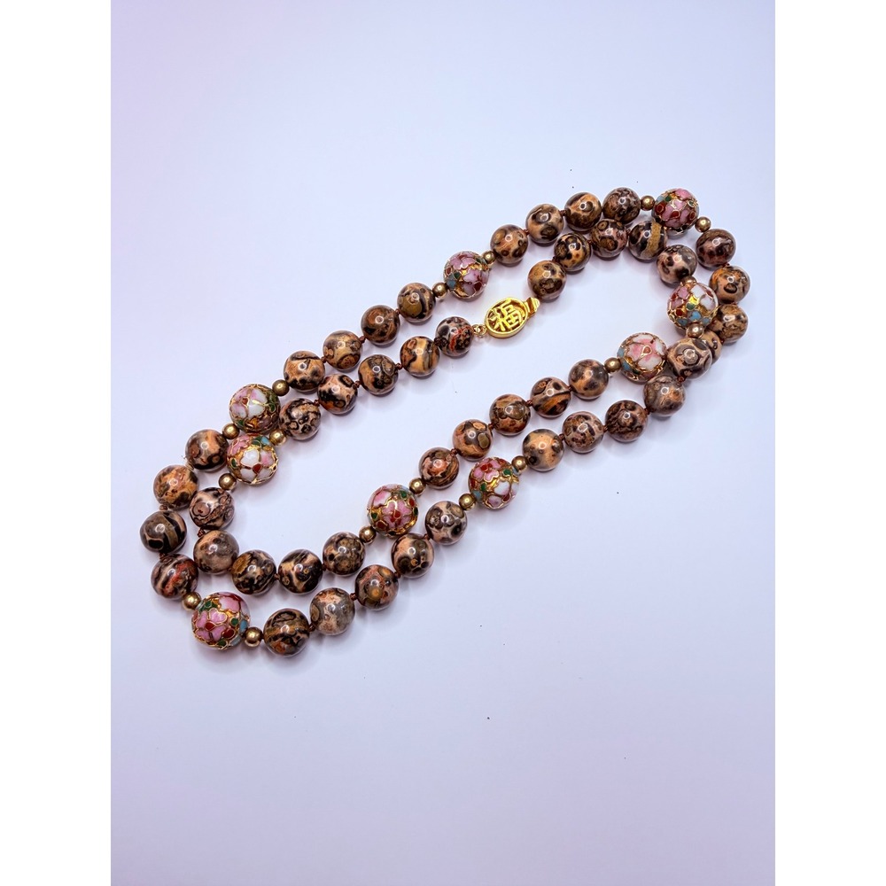 Vintage Leopard Skin Jasper & Cloisonné Bead Necklace – Double Strand 28" long